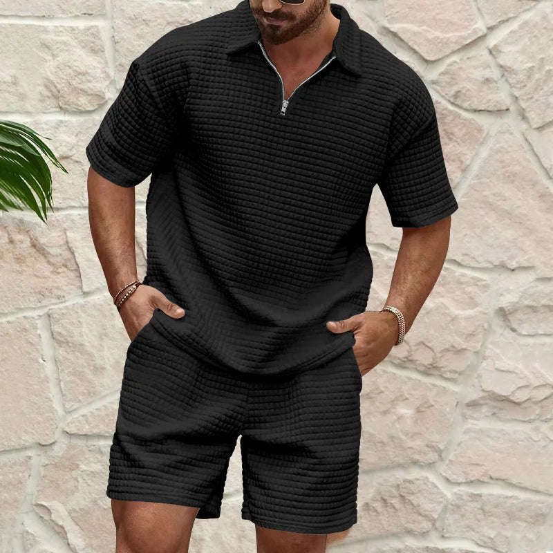 2025 European and American Men's Spring and Summer Trends Youth Outdoor Lapel Small Plaid Short Sleeve Shorts Sports Suit - Ellianto fashion Men's