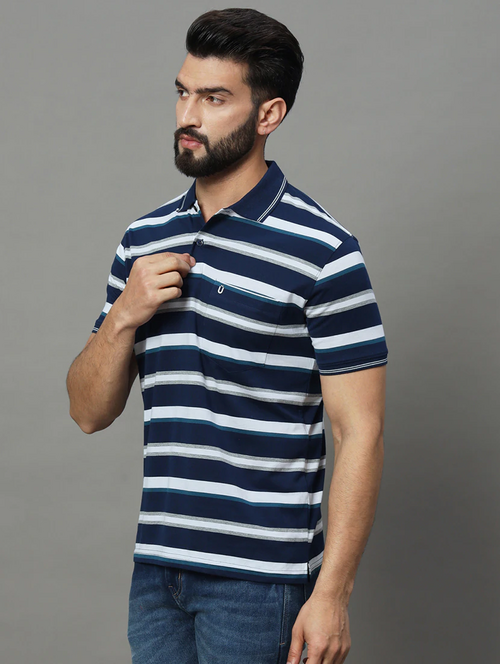 Men Striped Short Sleeve Polo T-Shirt (Size-Xl) (Color-Navy Blue) - Ellianto fashion Men's