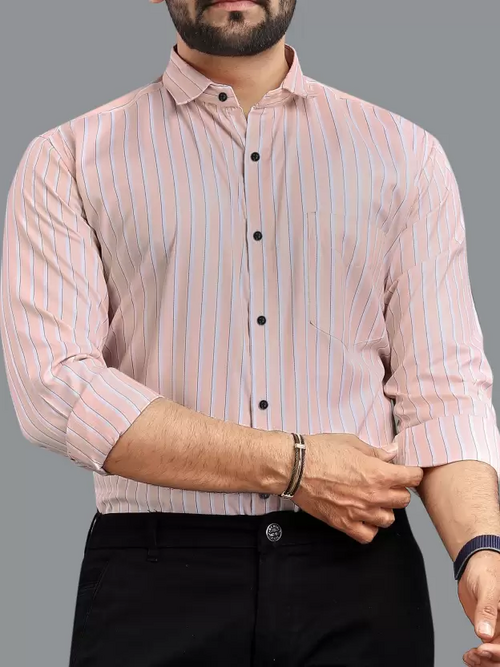 Men Regular Fit Striped Spread Collar Formal Shirt Peach (Size XL) - Ellianto fashion Men's