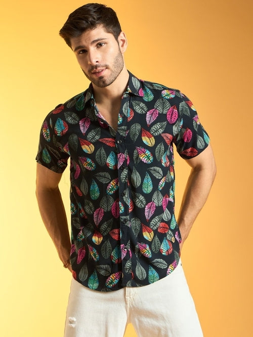 Multicolor Leaf Printed Half Sleeve Shirt (Size-M) (Color-BLACK) - Ellianto fashion Men's