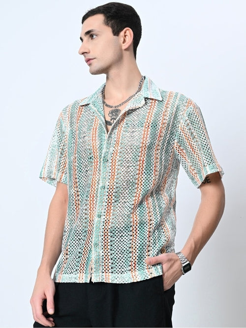 Crochet Half Sleeves Relaxed Fit Shirt-GREEN (Size-XL) (Color-GREEN) - Ellianto fashion Men's
