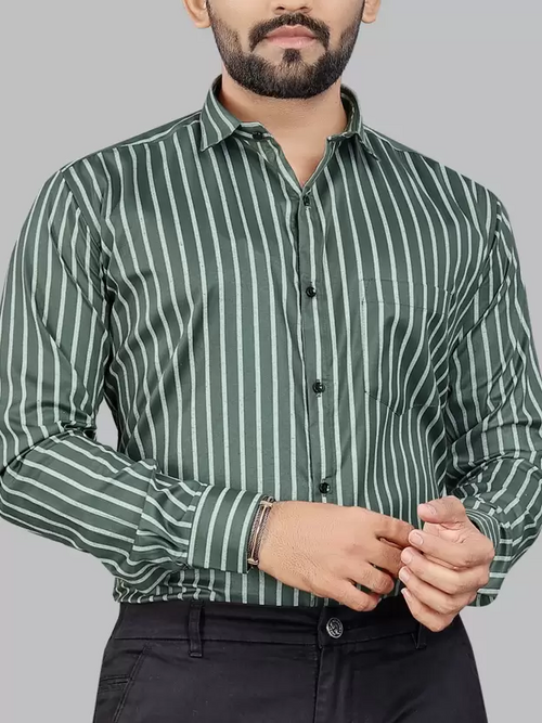 Men Regular Fit Striped Spread Collar Formal Shirt Dark Green (Size - Ellianto fashion Men's