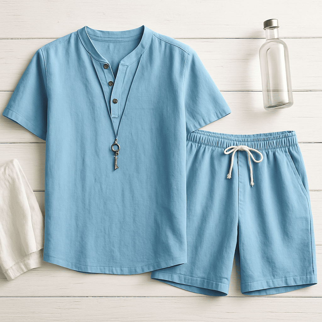 Men’s 2025 Cotton-Linen Sports Set – Lightweight Loose V-Neck T-Shirt & Elastic Shorts for Effortless Comfort and Casual Style