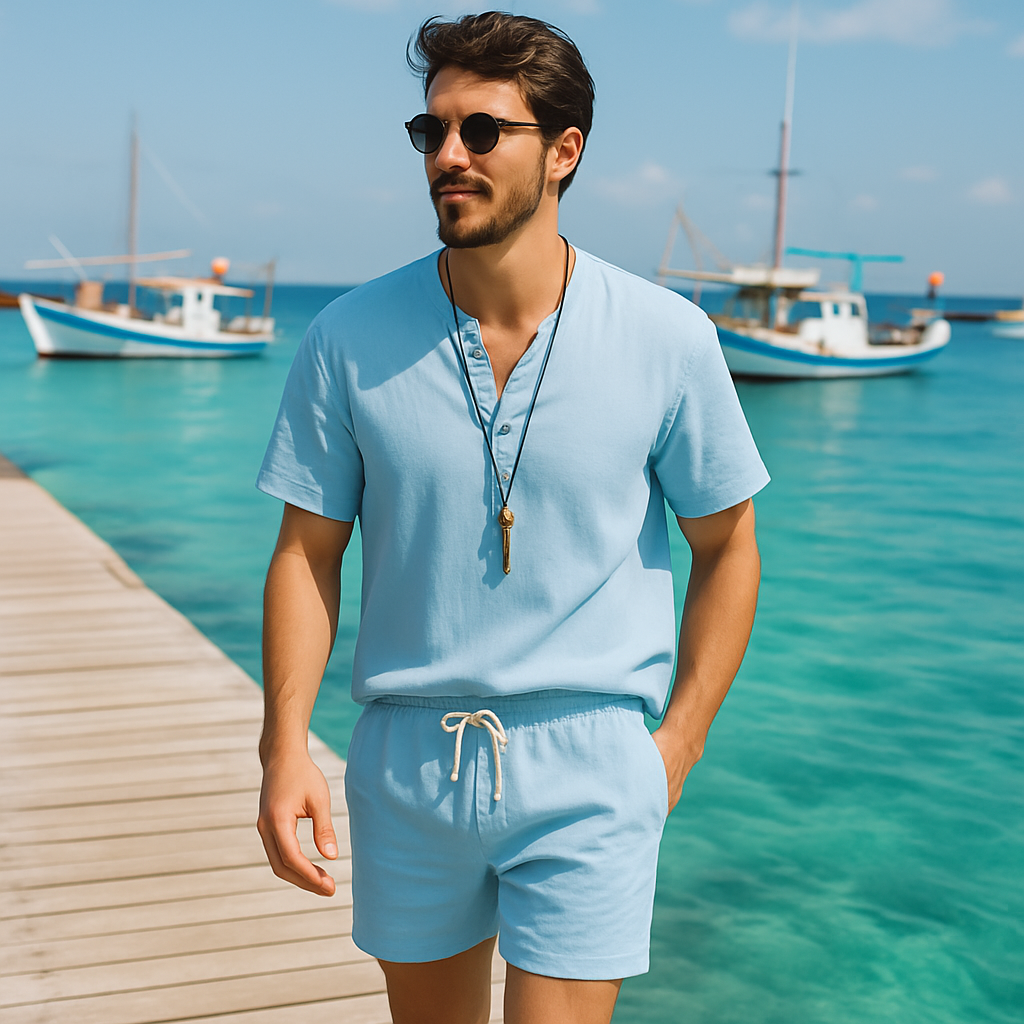 Cotton Linen Man Sets Plain Sports V-neck Basic 2 Piece Outfit Loose Fashion 2025 Cool Elastic Tee T-shirts Shorts Suits for Men
