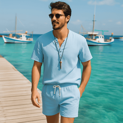 Men’s 2025 Cotton-Linen Sports Set – Lightweight Loose V-Neck T-Shirt & Elastic Shorts for Effortless Comfort and Casual Style