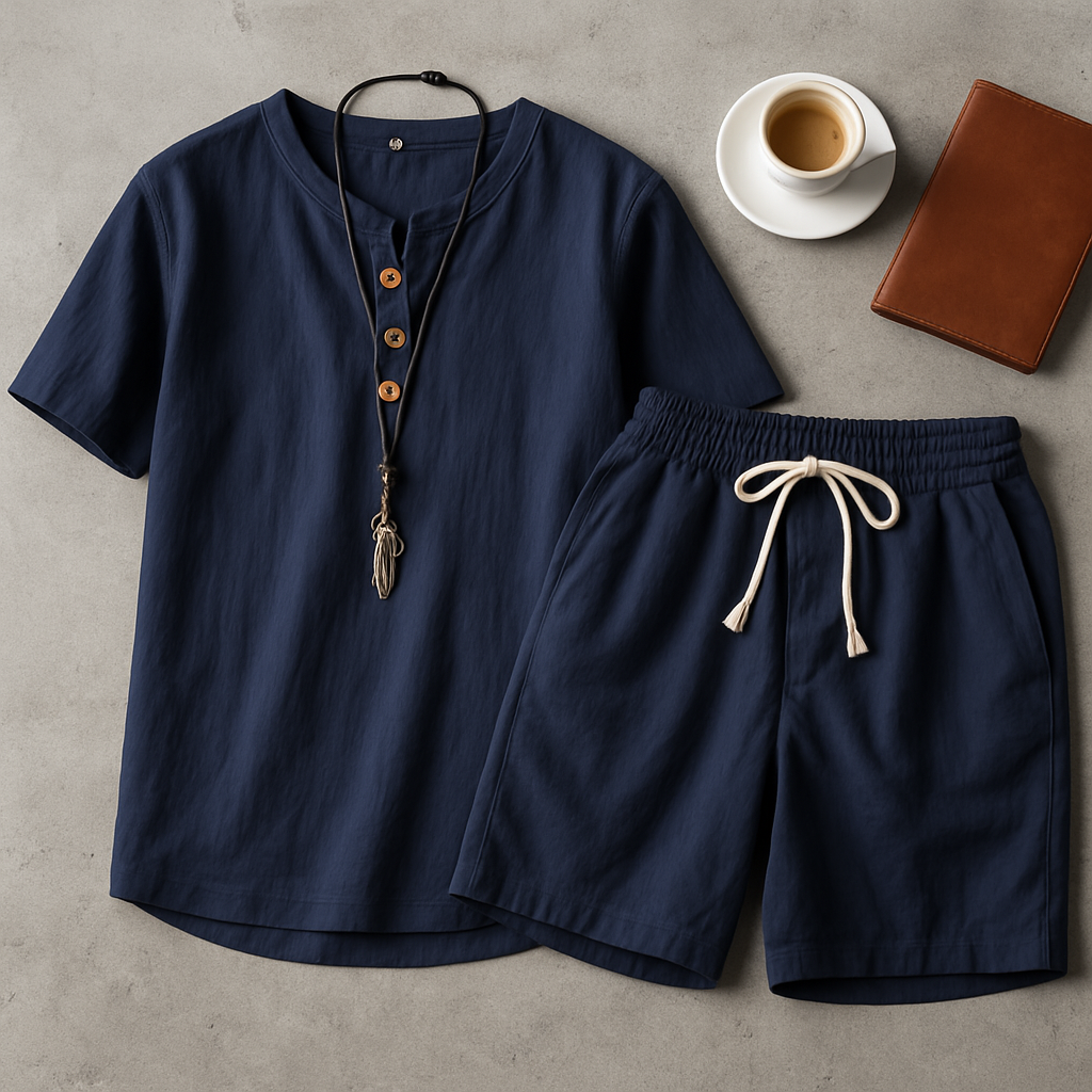 Cotton Linen Man Sets Plain Sports V-neck Basic 2 Piece Outfit Loose Fashion 2025 Cool Elastic Tee T-shirts Shorts Suits for Men