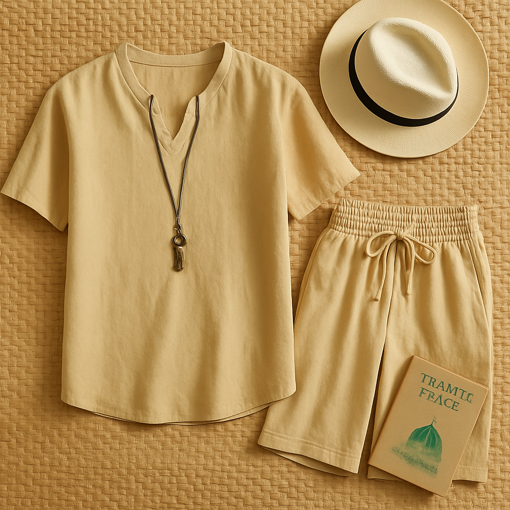 Cotton Linen Man Sets Plain Sports V-neck Basic 2 Piece Outfit Loose Fashion 2025 Cool Elastic Tee T-shirts Shorts Suits for Men