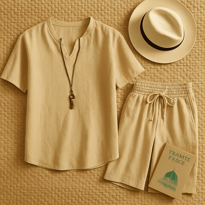 Men’s 2025 Cotton-Linen Sports Set – Lightweight Loose V-Neck T-Shirt & Elastic Shorts for Effortless Comfort and Casual Style