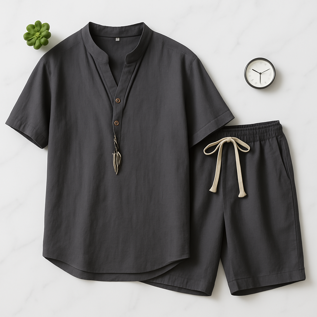 Cotton Linen Man Sets Plain Sports V-neck Basic 2 Piece Outfit Loose Fashion 2025 Cool Elastic Tee T-shirts Shorts Suits for Men