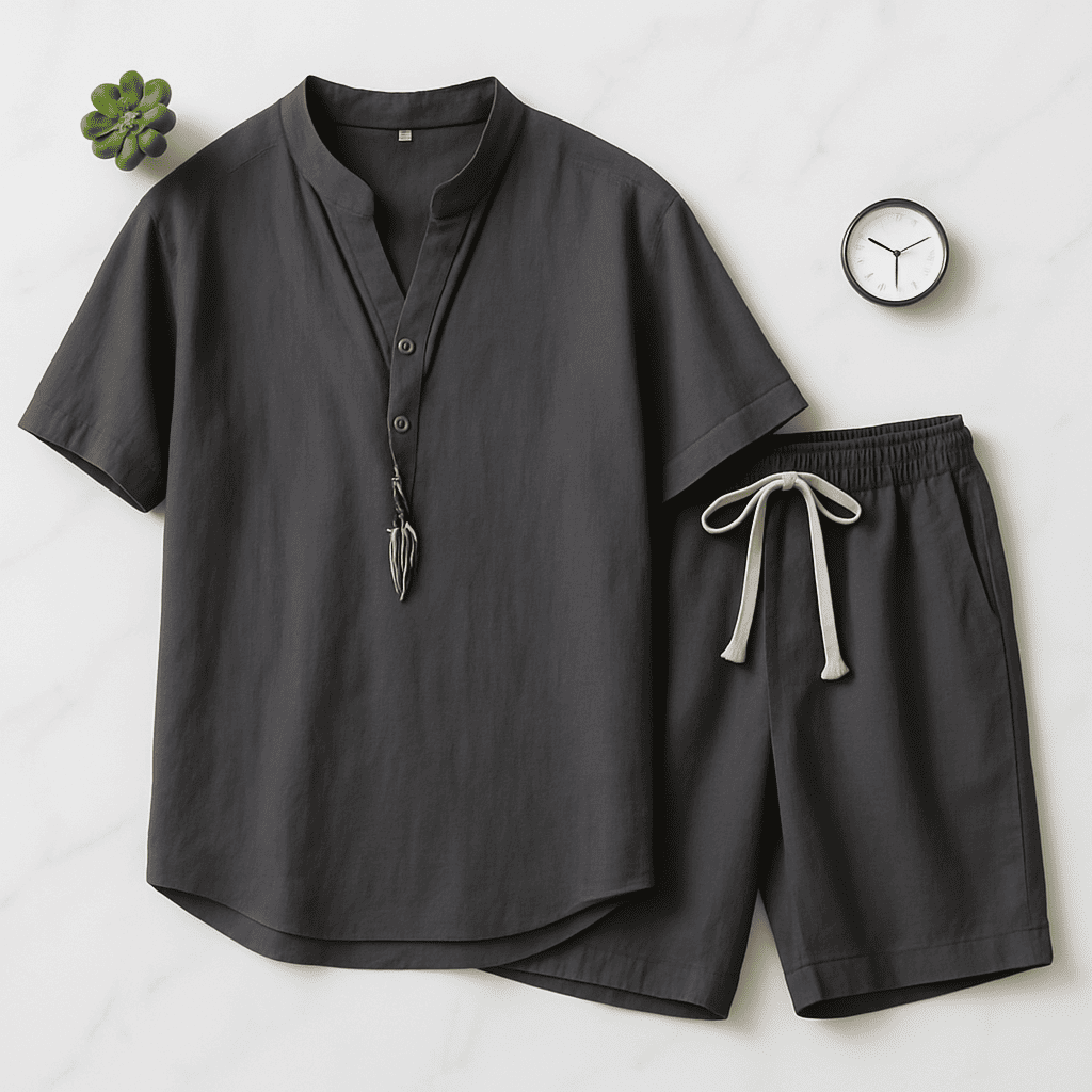 Men’s 2025 Cotton-Linen Sports Set – Lightweight Loose V-Neck T-Shirt & Elastic Shorts for Effortless Comfort and Casual Style