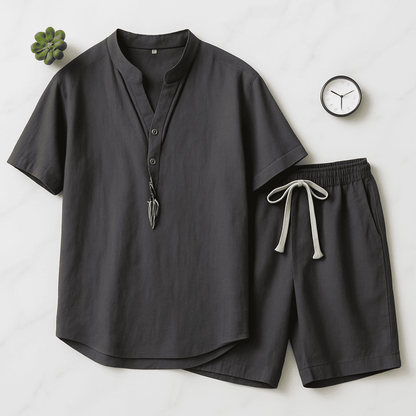 Men’s 2025 Cotton-Linen Sports Set – Lightweight Loose V-Neck T-Shirt & Elastic Shorts for Effortless Comfort and Casual Style