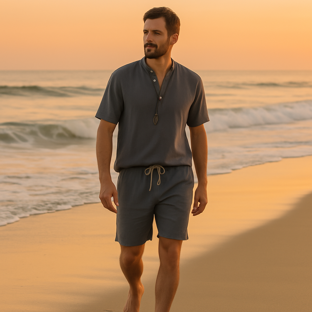 Cotton Linen Man Sets Plain Sports V-neck Basic 2 Piece Outfit Loose Fashion 2025 Cool Elastic Tee T-shirts Shorts Suits for Men