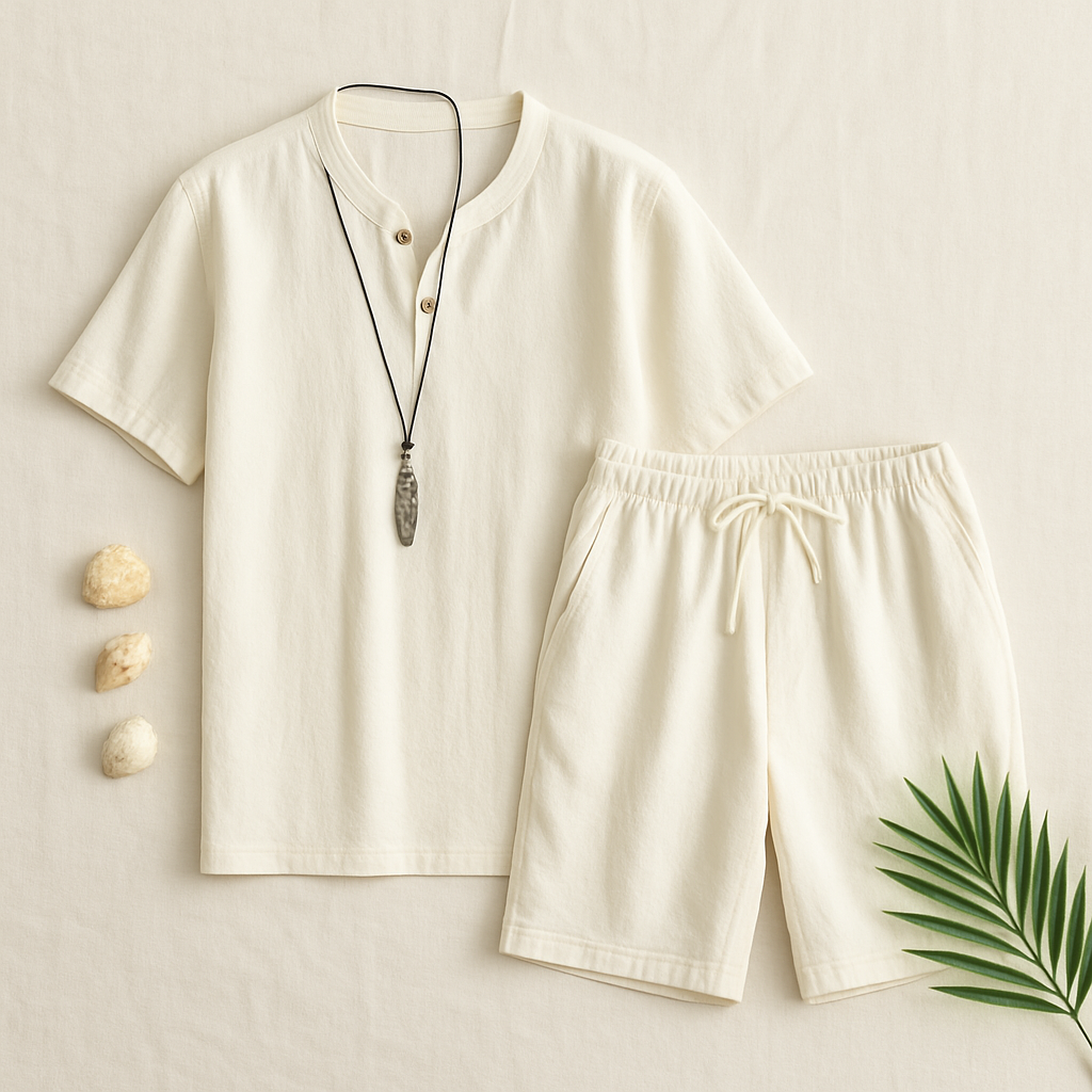 Cotton Linen Man Sets Plain Sports V-neck Basic 2 Piece Outfit Loose Fashion 2025 Cool Elastic Tee T-shirts Shorts Suits for Men