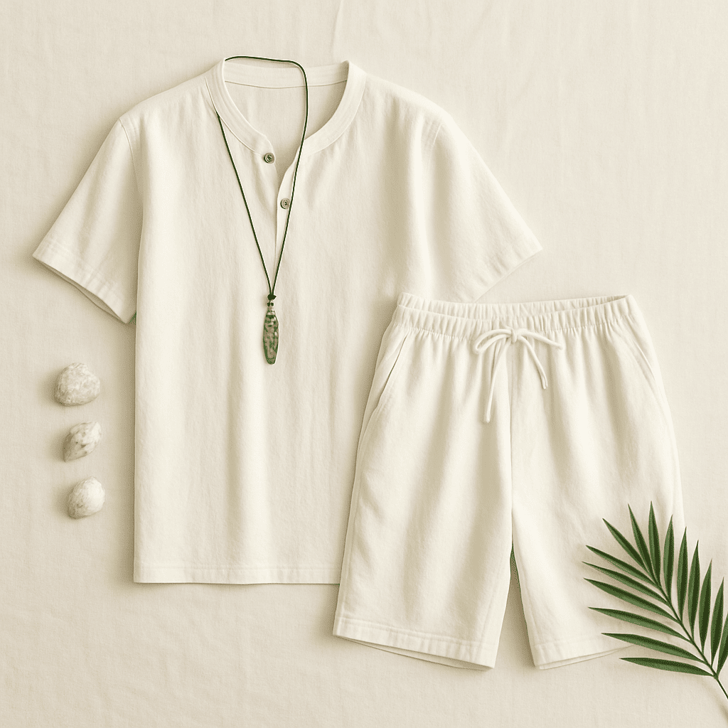 Men’s 2025 Cotton-Linen Sports Set – Lightweight Loose V-Neck T-Shirt & Elastic Shorts for Effortless Comfort and Casual Style