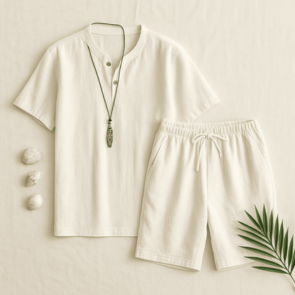 Men’s 2025 Cotton-Linen Sports Set – Lightweight Loose V-Neck T-Shirt & Elastic Shorts for Effortless Comfort and Casual Style